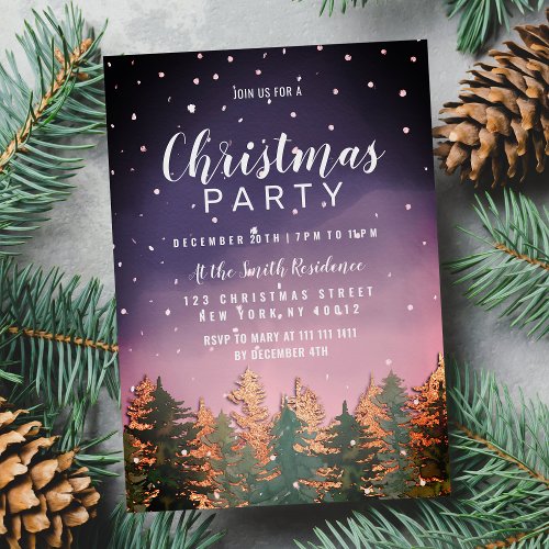 Pink Purple Watercolor Snow Trees Christmas Party Invitation