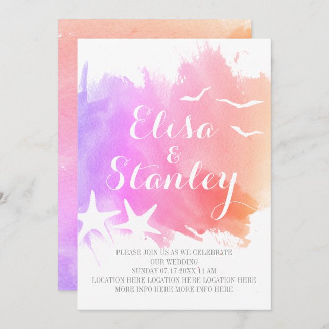 Pink, purple watercolor, starfish beach wedding invitation (Front/Back)