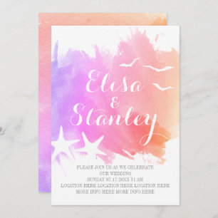 Pink, purple watercolor, starfish beach wedding invitation