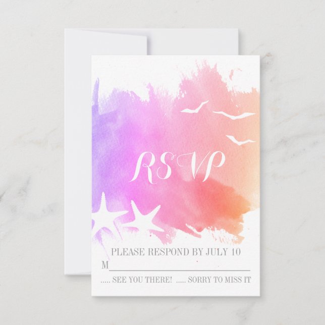 Pink purple watercolor starfish beach wedding RSVP (Front)