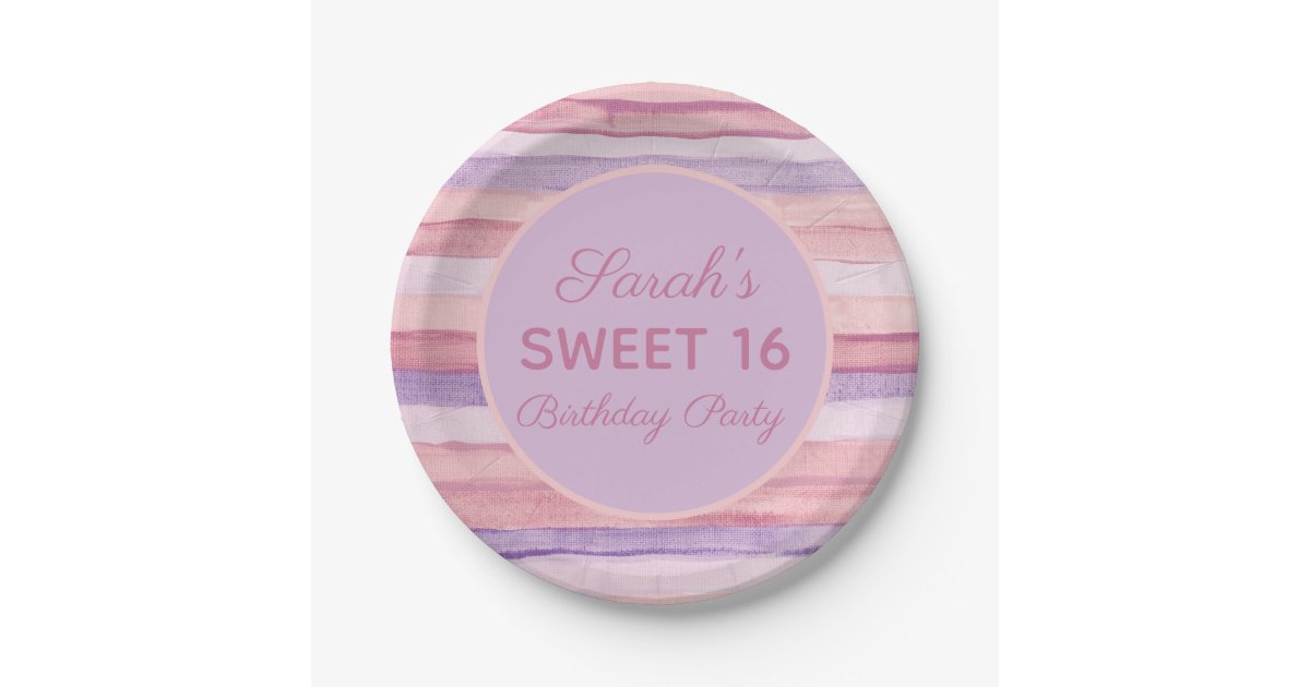 Pink Purple Watercolor Sweet 16 Birthday Party Paper Plate