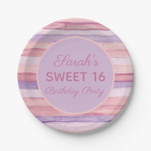 Pink Purple Watercolor Sweet 16 Birthday Party Paper Plates