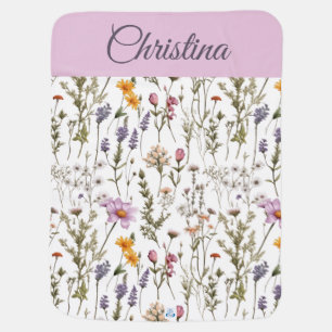 Pink Purple Watercolor Wildflower Baby Name Blanket