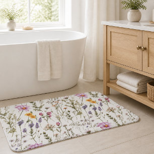 Pink Purple Watercolor Wildflower  Bath Mat