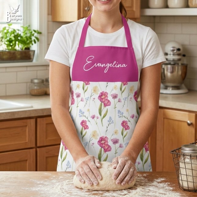 Pink Purple Watercolor Wildflower Custom Name Apron (Personalized wildflower boho apron with pink panel and customizable name. Ideal for home chef gift)