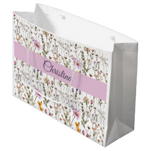 Pink Purple Watercolor Wildflower Monogram Name Large Gift Bag