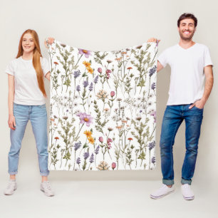 Pink Purple Watercolor Wildflower Pattern Fleece Blanket