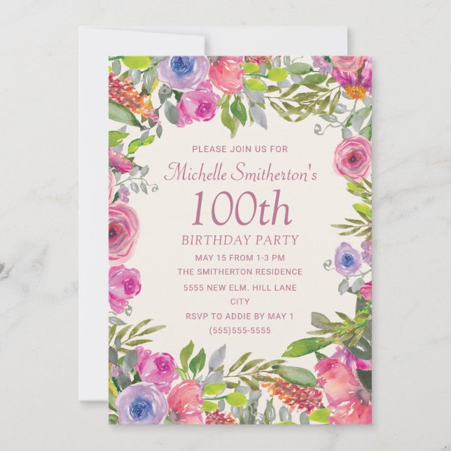 Pink Purple Watercolor Wildflowers 100th Birthday Invitation (Front)