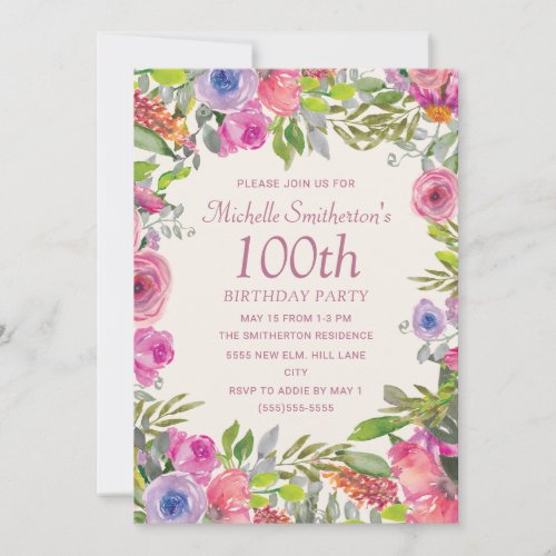 Pink Purple Watercolor Wildflowers 100th Birthday Invitation