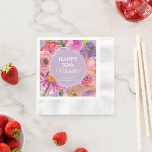Pink Purple Watercolor Wildflowers 30th Birthday Napkins