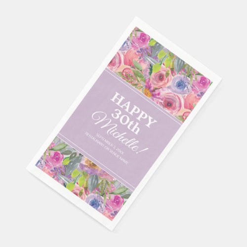 Pink Purple Watercolor Wildflowers 30th Birthday Paper Guest Towels