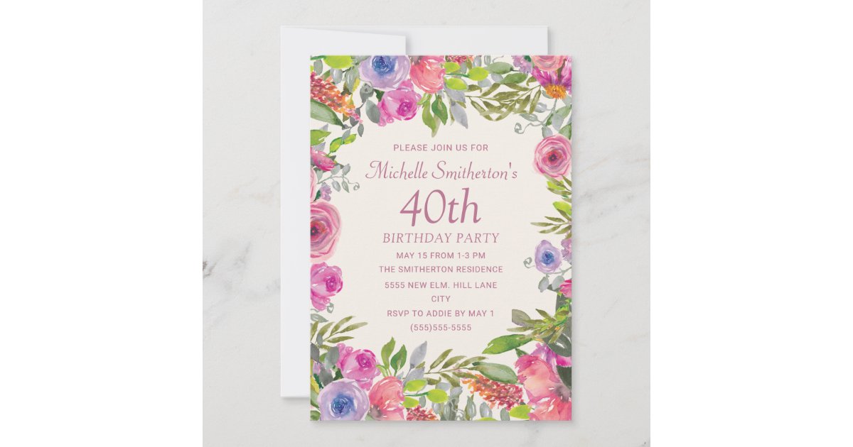 Pink Purple Watercolor Wildflowers 40th Birthday Invitation | Zazzle