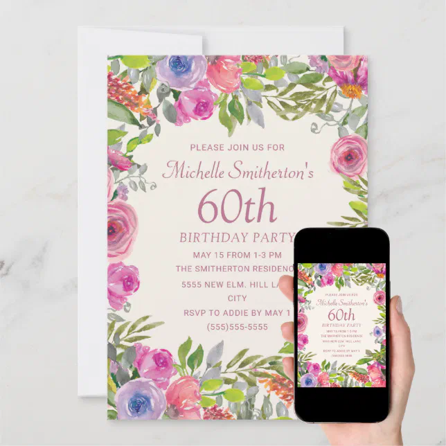 Pink Purple Watercolor Wildflowers 60th Birthday Invitation | Zazzle