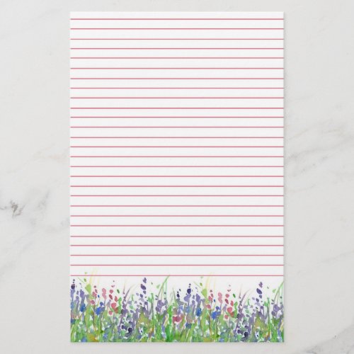 Pink Purple Watercolor Wildflowers Lined Stationery