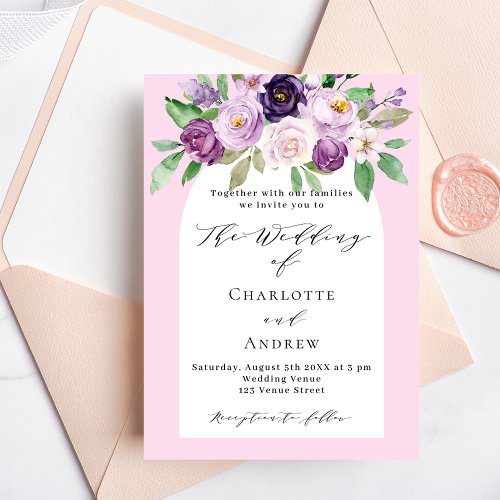 Pink purple watercolored florals arch wedding invitation