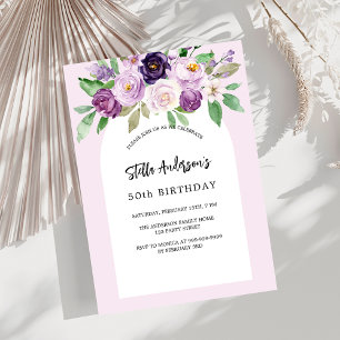 Pink purple watercolored florals birthday invitation