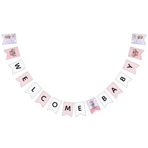 Pink Purple Welcome Baby Girl Bear Baby Shower Bunting Flags