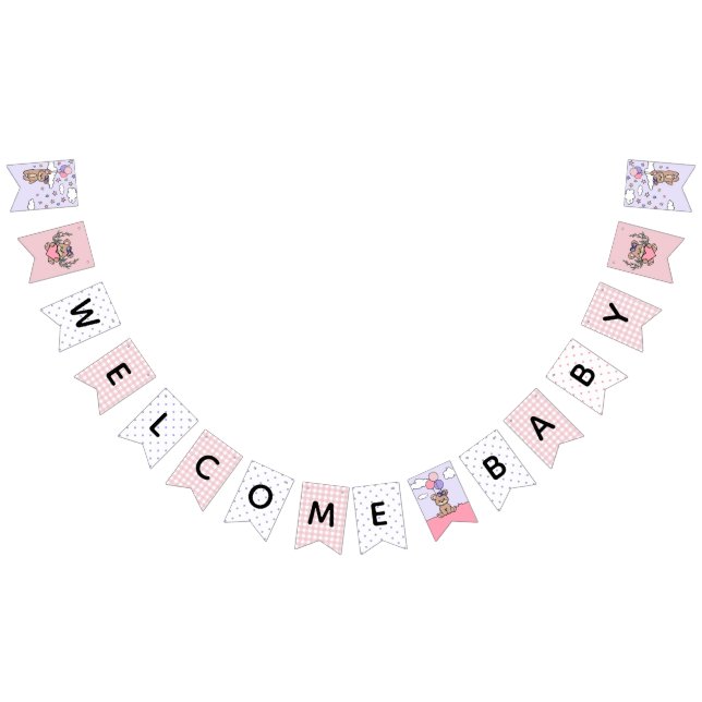 Pink Purple Welcome Baby Girl Bear Baby Shower Bunting Flags (All)