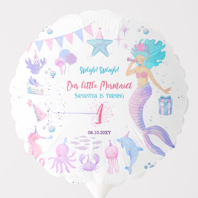 Pink Purple Whimsical Girl Mermaid 1st Birthday Balloon (Front)