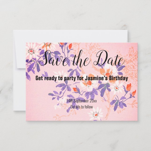 PINK PURPLE WHITE CHERRY BLOSSOM SAVE THE DATE RSVP CARD (Front)