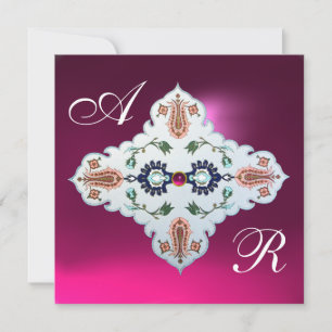 PINK PURPLE WHITE DAMASK MONOGRAM Amethyst Fuchsia Invitation