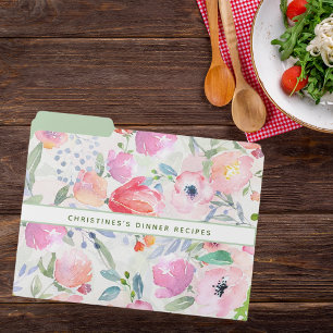 Pink purple white floral food recipes file folder