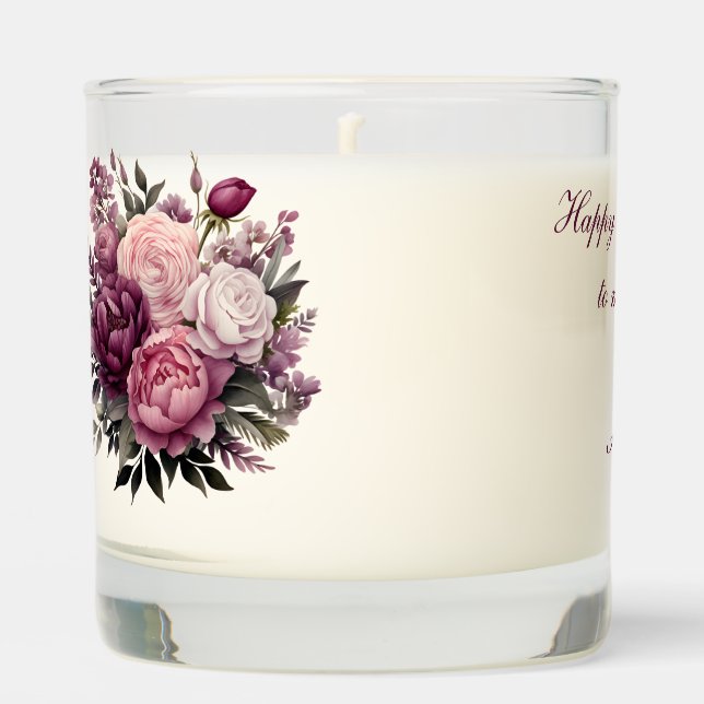 Pink Purple White Floral Personalize Birthday  Scented Candle (Front)