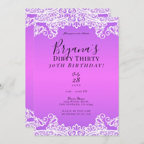 Pink  Purple White Lace Dirty 30 30th Birthday  Invitation