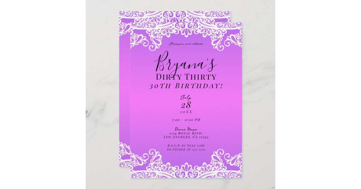 Pink & Purple White Lace Dirty 30 30th Birthday Invitation