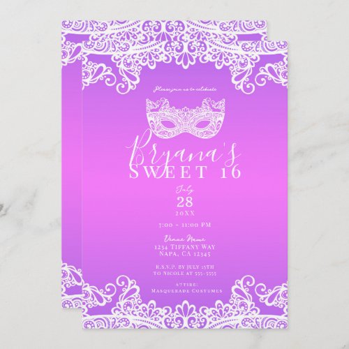 Pink Purple White Lace Masquerade Sweet 16 Party   Invitation