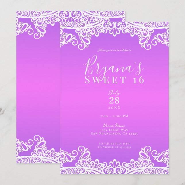 Pink Purple & White Lace Sweet 16 Party    Invitation (Front/Back)