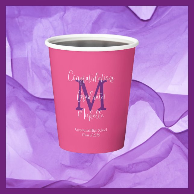 Pink Purple White Monogrammed Graduation Party Paper Cups (Creator Uploaded)
