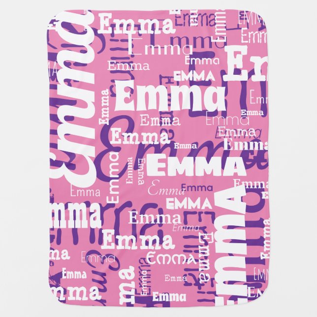 Pink Purple White Name Repeat Typography Baby Blanket (Front)
