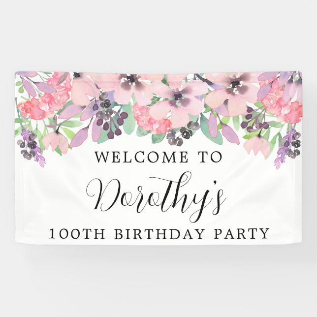 Pink Purple Wildflower 100th Birthday Welcome Banner (Horizontal)