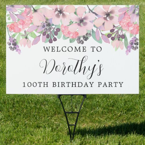 Pink Purple Wildflower 100th Birthday Welcome Yard Sign
