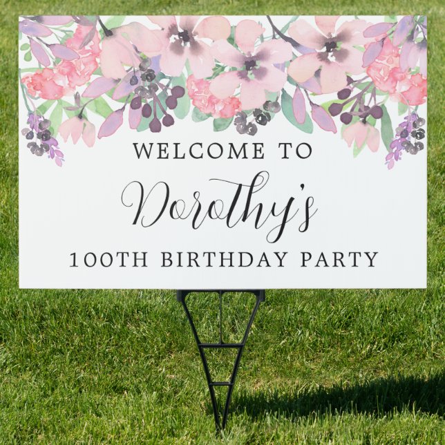 Pink Purple Wildflower 100th Birthday Welcome Yard Sign (Insitu)