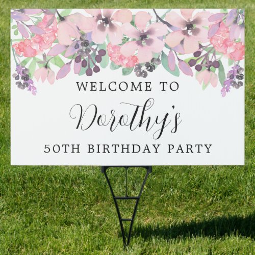 Pink Purple Wildflower 50th Birthday Welcome Yard Sign