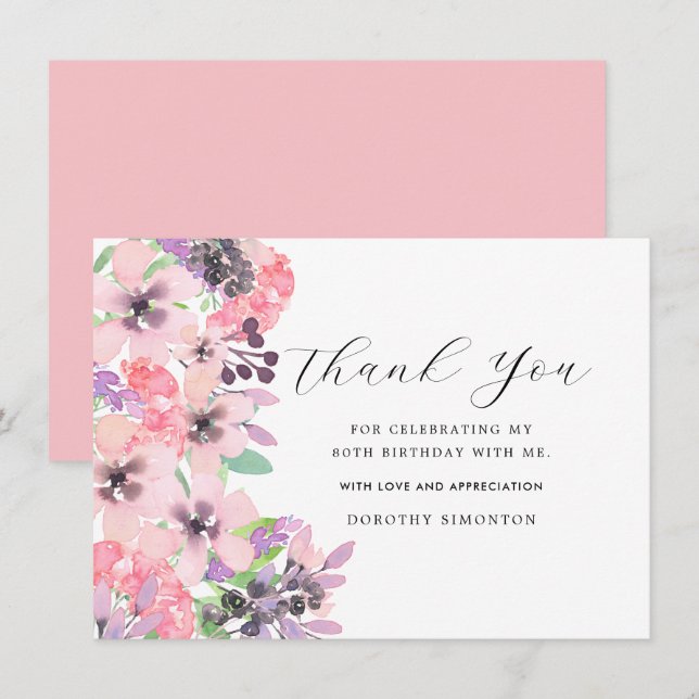 Pink Purple Wildflower 80th Birthday Thank You (Front/Back)