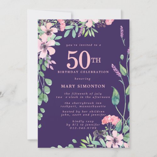 Pink Purple Wildflower Fall 50th Birthday Invitation
