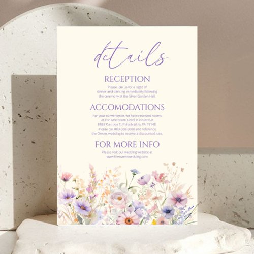 Pink Purple Wildflower Meadow Wedding Details Enclosure Card