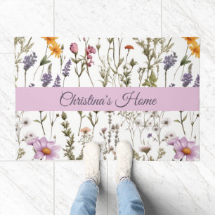 Pink Purple Wildflower Watercolor Monogram Name Doormat