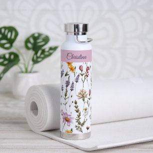Pink Purple Wildflower Watercolor Monogram Name Water Bottle