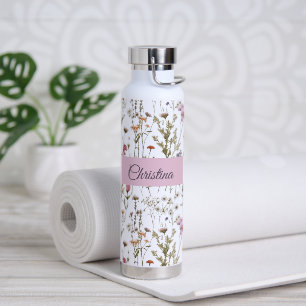 Pink Purple Wildflower Watercolor Monogram Name Water Bottle