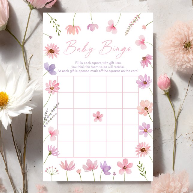 Pink Purple Wildflowers Baby Shower Bingo Game (Creator Uploaded)