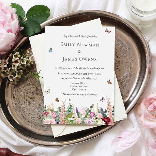 Pink Purple WildFlowers  Butterflies Wedding Invitation