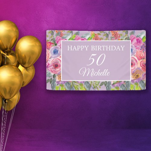 Pink Purple Wildflowers Happy 50th Birthday Banner