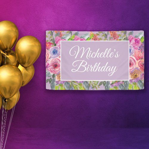 Pink Purple Wildflowers Name Script Birthday Banner