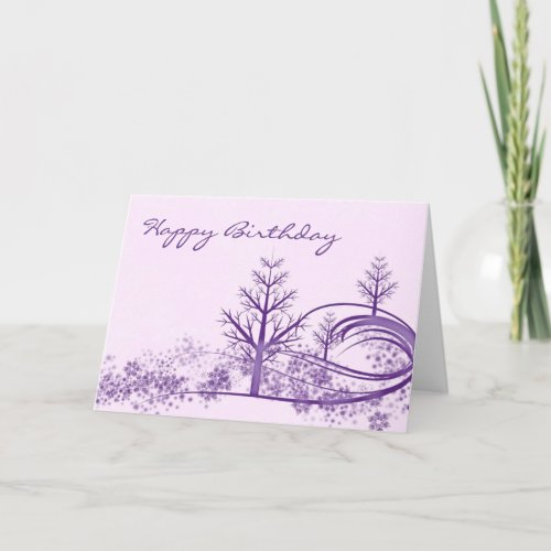 Pink Purple Winter Scene Happy Birthday Card