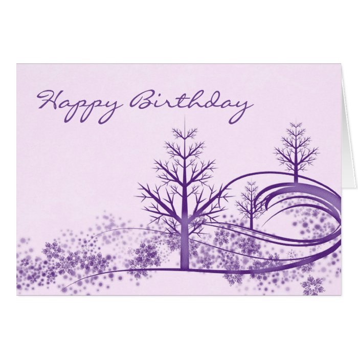 Pink Purple Winter Scene Happy Birthday Card