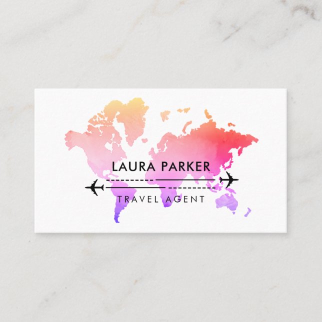 Pink Purple World Map Travel Agent Vacation   Business Card (Front)